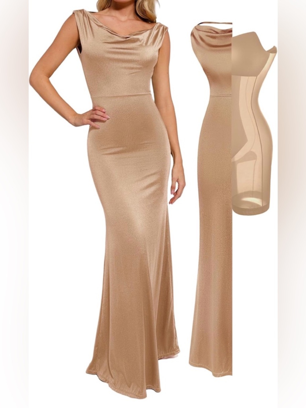 Elegant Cowl Neck Satin Maxi Wedding Dress in Champagne